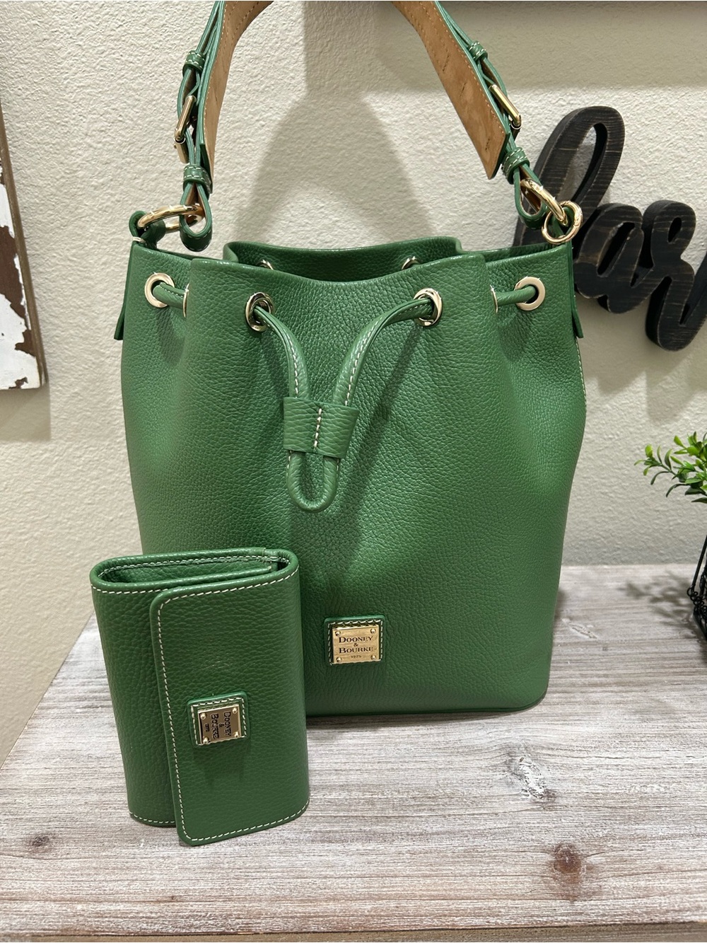 Dooney & Bourke Green Pebble Leather Drawstring Bucket Bag with Wallet